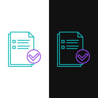 Yeşil ve mor çizgi Beyaz ve siyah arka planda yalıtılmış belge ve onay işareti simgesi. Denetim listesi simgesi. İş konsepti. Vektör İllüstrasyonu