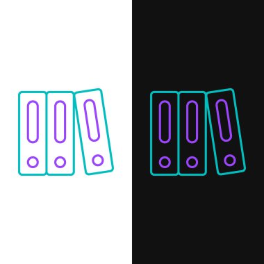 Beyaz ve siyah arka planda yalıtılmış kağıt ve belge simgesiiçeren yeşil ve mor çizgi Office klasörleri. Ofis bağlayıcıları. Arşiv klasör işareti. Vektör İllüstrasyonu