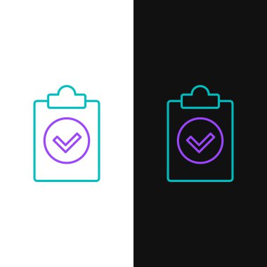 Yeşil ve mor çizgi Beyaz ve siyah arka planda yalıtılmış görev simgesini tamamladı. Uygunluk denetimi onaylandı. Kontrol listesi işareti. Onaylı belge simgesi. Vektör İllüstrasyonu