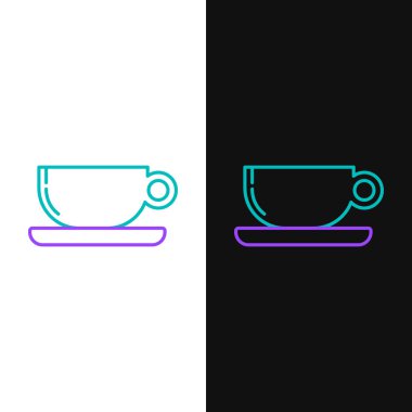 Yeşil ve mor çizgi Kahve fincandüz simgesi beyaz ve siyah arka plan izole. Çay bardağı. Sıcak içecek kahve. Vektör İllüstrasyonu
