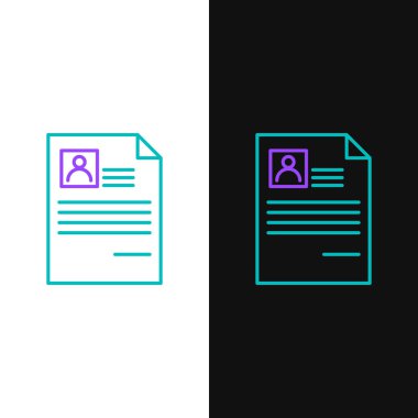 Yeşil ve mor çizgi Beyaz ve siyah arka planda yalıtılmış Özgeçmiş simgesi. Cv başvurusu. Profesyonel personel aranıyor. Analiz personel devam. Vektör İllüstrasyonu