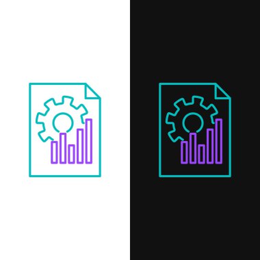 Green and purple line Document with graph chart icon isolated on white and black background. Report text file icon. Accounting sign. Audit, analysis, planning. Vector Illustration