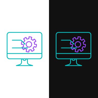 Yeşil ve mor çizgi Grafik simgesi beyaz ve siyah arka plan üzerinde izole ile Bilgisayar monitörü. Metin dosyası simgesini bildirin. Muhasebe işareti. Denetim, analiz, planlama. Vektör İllüstrasyonu