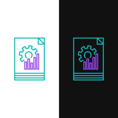 Green and purple line Document with graph chart icon isolated on white and black background. Report text file icon. Accounting sign. Audit, analysis, planning. Vector Illustration