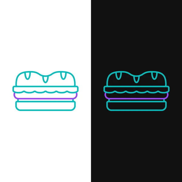 Línea verde y púrpura Icono sándwich aislado sobre fondo blanco y negro. Icono de hamburguesa. Símbolo de comida hamburguesa. Signo de hamburguesa con queso. Menú de comida rápida. Ilustración vectorial — Vector de stock