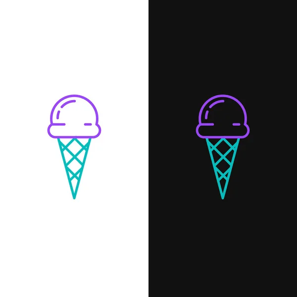 Grön och lila line Ice Cream i våffla kon ikon isolerad på vit och svart bakgrund. Söt symbol. Vektor illustration — Stock vektor