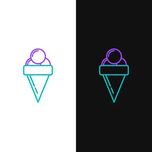Linha verde e roxa Sorvete no ícone de cone de waffle isolado em fundo branco e preto. Símbolo doce. Ilustração vetorial —  Vetores de Stock