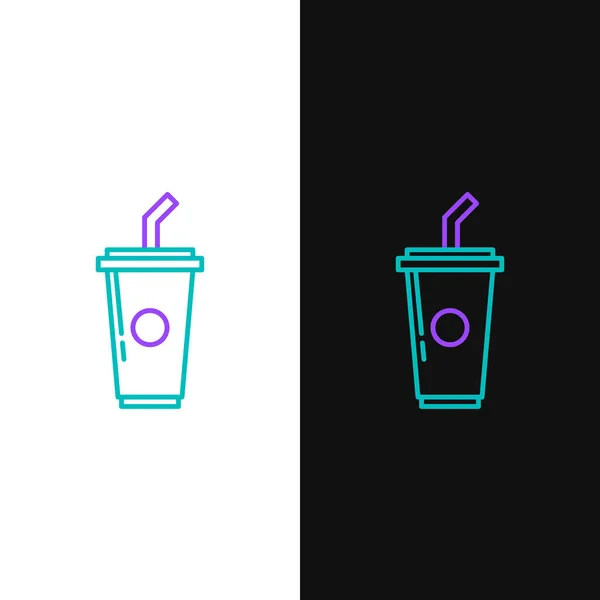 Ligne verte et violette Verre en papier avec paille à boire et icône de l'eau isolé sur fond blanc et noir. Un verre de soda. Symbole de boisson fraîche froide. Illustration vectorielle — Image vectorielle