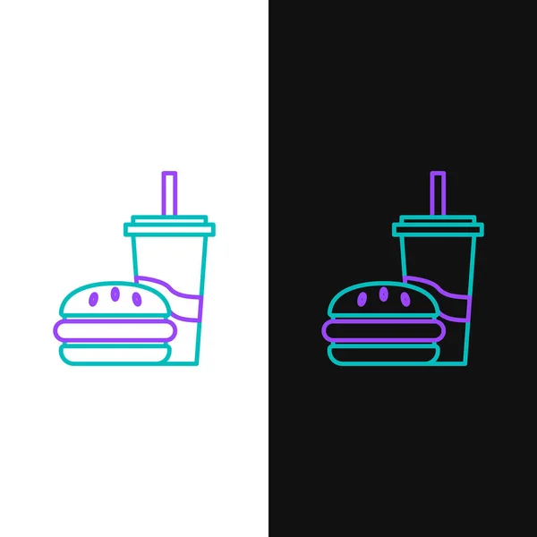 Zöld és lila vonal papír üveg ivás szalma-és Burger ikon izolált fehér és fekete háttér. Soda Aqua ital jele. Hamburger, sajtburgert szendvics. Vektoros illusztráció — Stock Vector