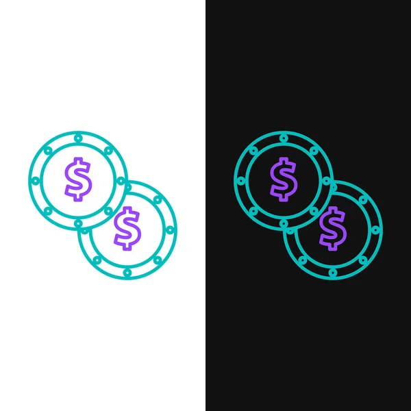 Зеленая и фиолетовая линия Денежные средства монеты с символом доллара изолированы на белом и черном фоне. Банковский знак валюты. Символ денег. Векторная миграция — стоковый вектор