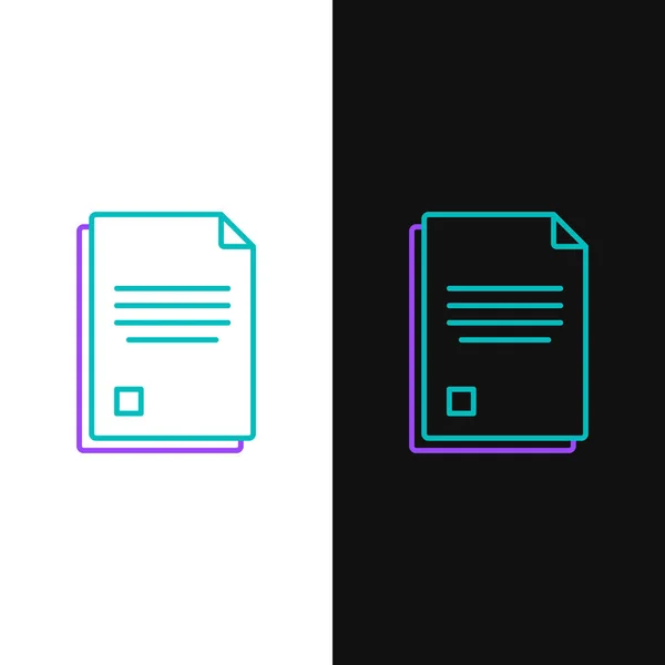 Linea verde e viola Icona del documento del file isolato su sfondo bianco e nero. Icona della lista di controllo. Concetto aziendale. Illustrazione vettoriale — Vettoriale Stock