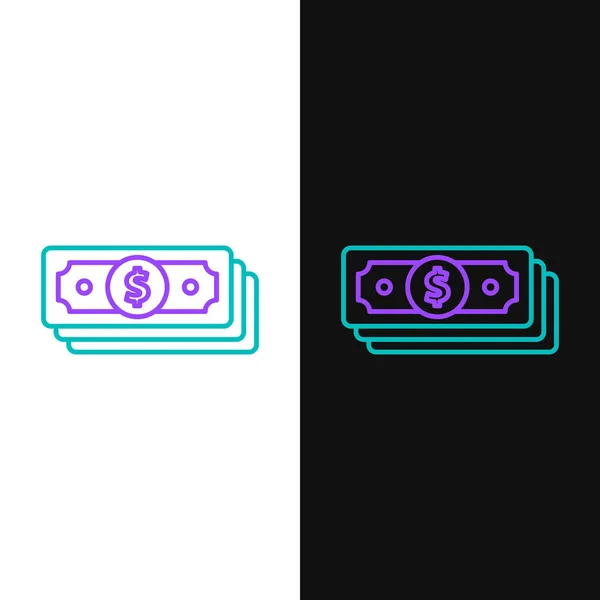 Groene en paarse lijn stapels papiergeld cash pictogram geïsoleerd op witte en zwarte achtergrond. Geld bankbiljetten stapels. Factuurvaluta. Vector illustratie — Stockvector