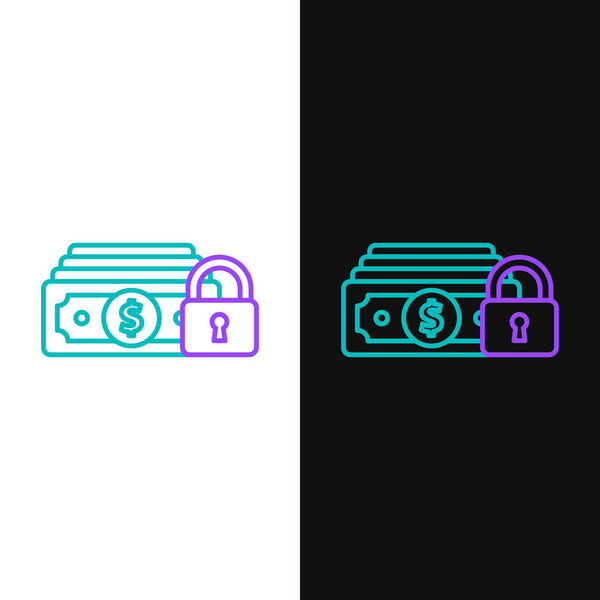 Зеленая и фиолетовая линии Деньги с иконкой замка, выделенной на белом и черном фоне. Закрытые деньги. Безопасность, безопасность, концепция защиты. Концепция безопасной оплаты. Векторная миграция
