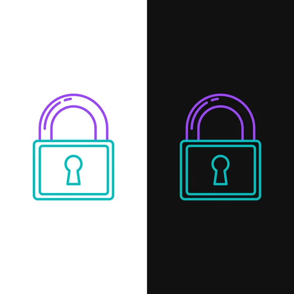 Línea verde y púrpura Icono de bloqueo aislado sobre fondo blanco y negro. Señal de candado. Seguridad, seguridad, protección, concepto de privacidad. Ilustración vectorial — Vector de stock