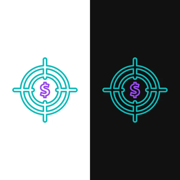 Groen en paars lijn doel met dollar symbool pictogram geïsoleerd op witte en zwarte achtergrond. Beleggingsdoel pictogram. Succesvolle bedrijfsconcept. Cash of geld teken. Vector illustratie — Stockvector