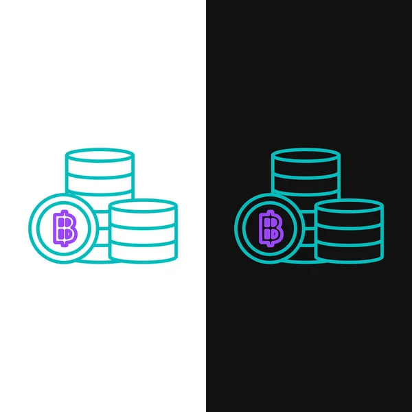 Grüne und lila Linie Kryptowährung Coin Bitcoin Symbol isoliert auf weißem und schwarzem Hintergrund. Blockchain-Technologie, Bitcoin, digitaler Geldmarkt, Kryptocoin-Brieftasche. Vektorillustration — Stockvektor