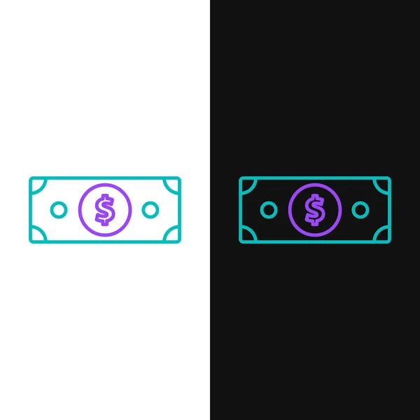 Ligne verte et violette Empile icône de trésorerie de papier-monnaie isolé sur fond blanc et noir. Des piles de billets de banque. Monnaie fiduciaire. Illustration vectorielle — Image vectorielle