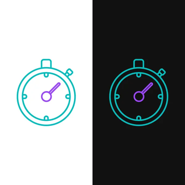 Linha verde e roxo ícone Stopwatch isolado no fundo branco e preto. Sinal do temporizador. Assinatura do cronómetro. Ilustração vetorial — Vetor de Stock