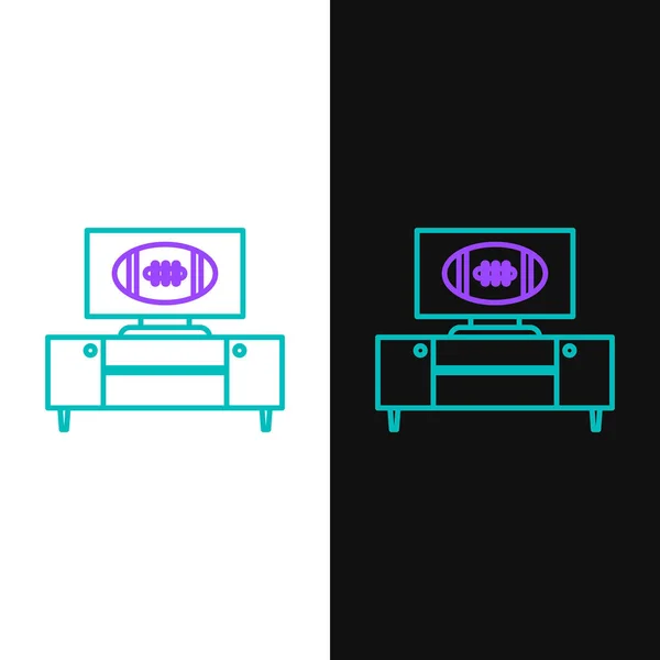 Verde y morado línea de fútbol americano en el programa de televisión y stand icono aislado sobre fondo blanco y negro. Ilustración vectorial — Vector de stock
