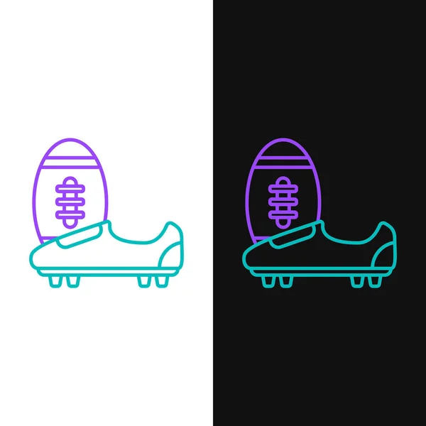 Linha verde e roxa Futebol ou sapatos de futebol com picos ícone isolado no fundo branco e preto. Bota e bola de futebol americano. Ilustração vetorial — Vetor de Stock