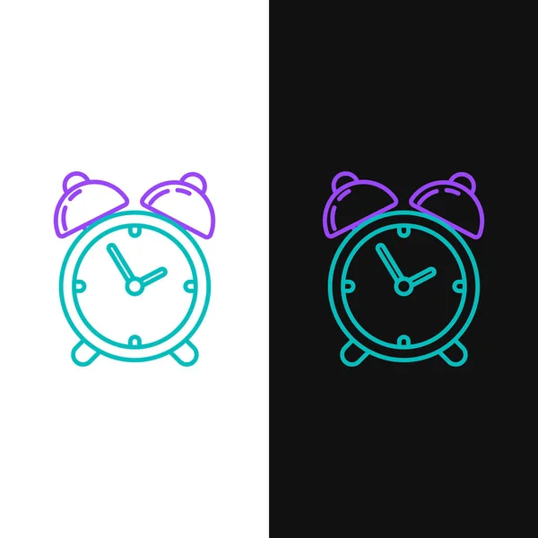Línea verde y púrpura Icono del reloj despertador aislado sobre fondo blanco y negro. Despierta, levántate concepto. Señal de tiempo. Ilustración vectorial — Archivo Imágenes Vectoriales