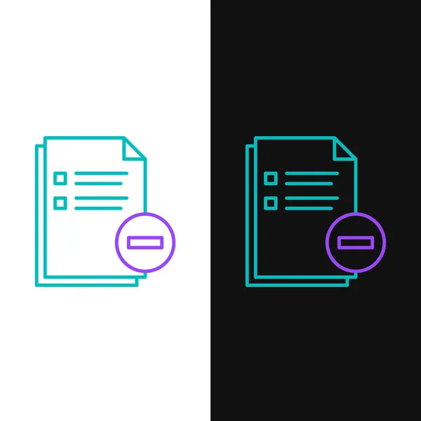 Green and purple line Document with minus icon isolated on white and black background. Clear document. Remove file document. Delete information file. Vector Illustration