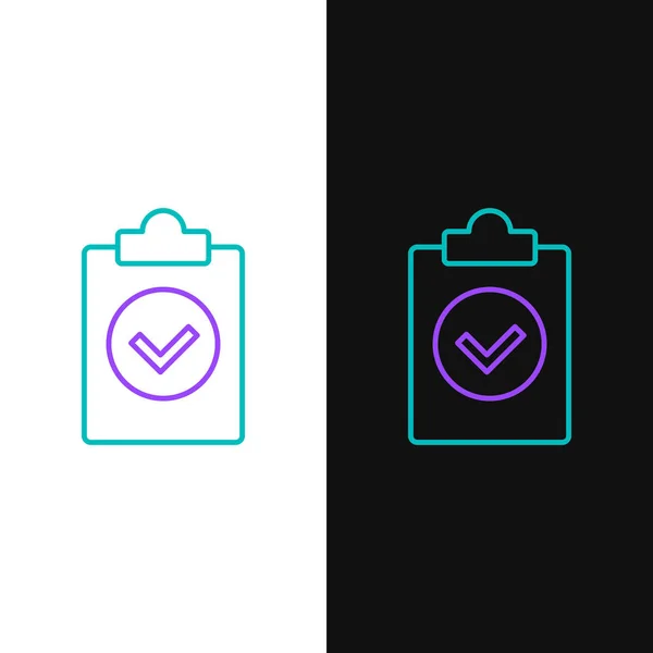 Yeşil ve mor çizgi Beyaz ve siyah arka planda yalıtılmış görev simgesini tamamladı. Uygunluk denetimi onaylandı. Kontrol listesi işareti. Onaylı belge simgesi. Vektör İllüstrasyonu