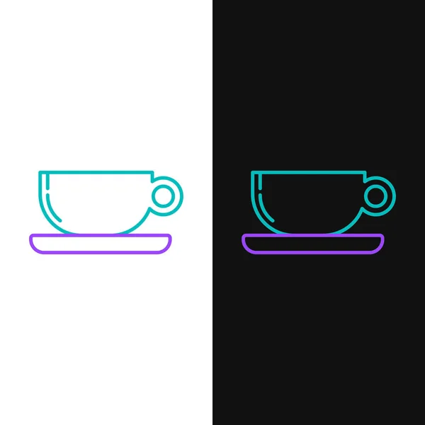 녹색과 보라색 라인 커피 컵 평면 아이콘 흰색과 검은 색 배경에 격리. 차 컵. 뜨거운 음료 커피. 벡터 일러스트레이션 — 스톡 벡터