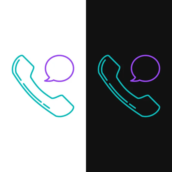 Grüne und lila Linie Telefonhörer und Sprechblase Chat-Symbol isoliert auf weißem und schwarzem Hintergrund. Telefonzeichen. Vektorillustration — Stockvektor