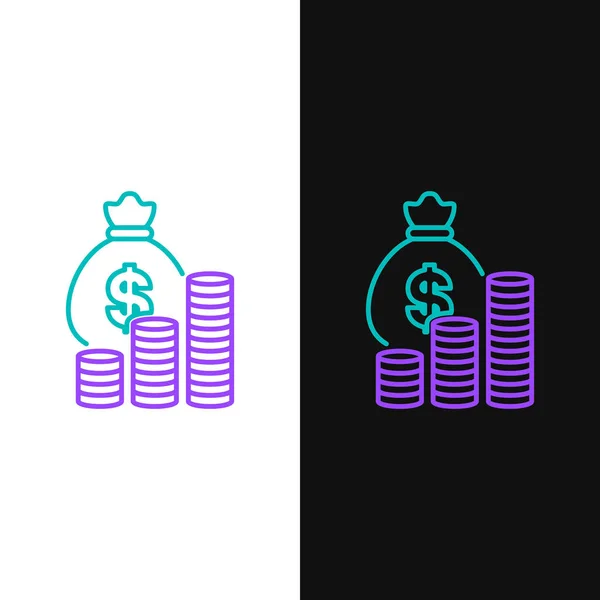 Grön och lila linje pengar väska och mynt ikonen isolerad på vit och svart bakgrund. Dollar-eller USD-symbol. Kontant bank valutatecken. Vektor illustration — Stock vektor