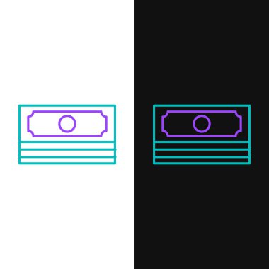 Yeşil ve mor çizgi Yığınları kağıt para nakit simgesi beyaz ve siyah arka plan izole. Para banknotları yığınları. Fatura para birimi. Vektör İllüstrasyonu