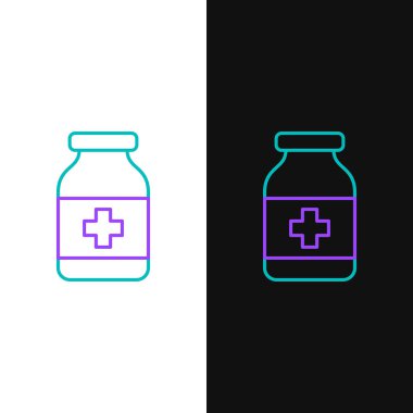 Yeşil ve mor çizgi Tıp şişe simgesi beyaz ve siyah arka plan izole. Şişe hapı işareti. Eczane tasarımı. Vektör İllüstrasyonu