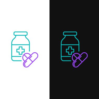 Yeşil ve mor çizgi Tıp şişe ve hap simgesi beyaz ve siyah arka plan izole. Şişe hapı işareti. Eczane tasarımı. Vektör İllüstrasyonu