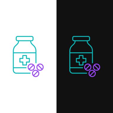 Yeşil ve mor çizgi Tıp şişe ve hap simgesi beyaz ve siyah arka plan izole. Şişe hapı işareti. Eczane tasarımı. Vektör İllüstrasyonu
