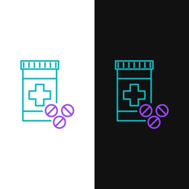 Yeşil ve mor çizgi Tıp şişe ve hap simgesi beyaz ve siyah arka plan izole. Şişe hapı işareti. Eczane tasarımı. Vektör İllüstrasyonu