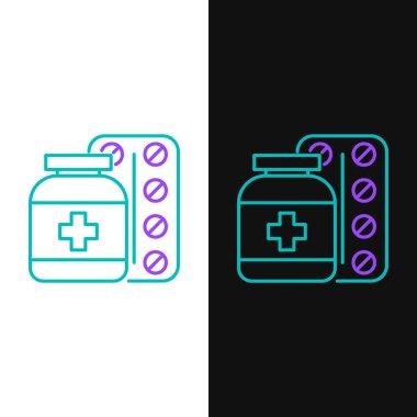 Yeşil ve mor çizgi Tıp şişe ve hap simgesi beyaz ve siyah arka plan izole. Şişe hapı işareti. Eczane tasarımı. Vektör İllüstrasyonu