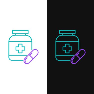 Yeşil ve mor çizgi Tıp şişe ve hap simgesi beyaz ve siyah arka plan izole. Şişe hapı işareti. Eczane tasarımı. Vektör İllüstrasyonu
