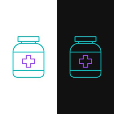 Yeşil ve mor çizgi Tıp şişe simgesi beyaz ve siyah arka plan izole. Şişe hapı işareti. Eczane tasarımı. Vektör İllüstrasyonu
