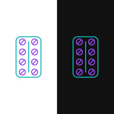 Beyaz ve siyah arka planda izole blister paketi simgesi yeşil ve mor çizgi Pills. Tablet, vitamin, antibiyotik, aspirin için tıbbi ilaç paketi. Vektör İllüstrasyonu