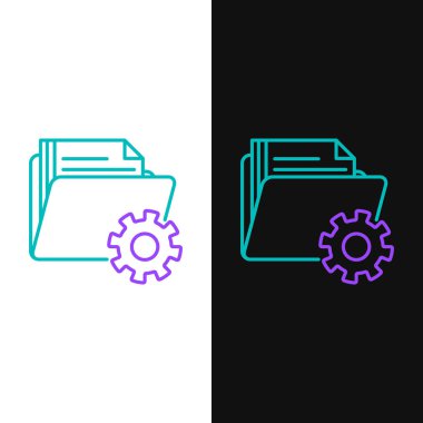 Yeşil ve mor çizgi Beyaz ve siyah arka planda yalıtılmış dişlisimgesine sahip klasör ayarları. Yazılım güncellemesi, transfer protokolü, takım çalışması araç yönetimi. Vektör İllüstrasyonu