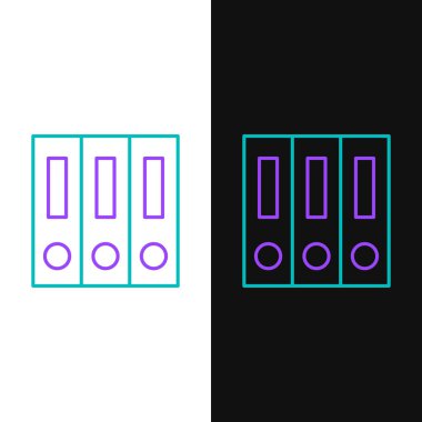 Beyaz ve siyah arka planda yalıtılmış kağıt ve belge simgesiiçeren yeşil ve mor çizgi Office klasörleri. Ofis bağlayıcıları. Arşiv klasör işareti. Vektör İllüstrasyonu