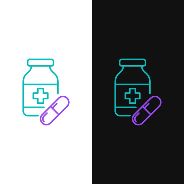 Linha verde e roxo garrafa de medicina e pílulas ícone isolado no fundo branco e preto. Sinal de pílula de garrafa. Design de farmácia. Ilustração vetorial — Vetor de Stock