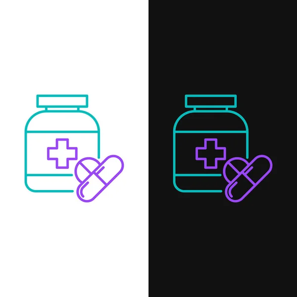 Verde și violet linie Medicina sticla si pastile pictograma izolat pe fundal alb și negru. Semn de pastila de sticla. Design farmaceutic. Vector Illustration — Vector de stoc