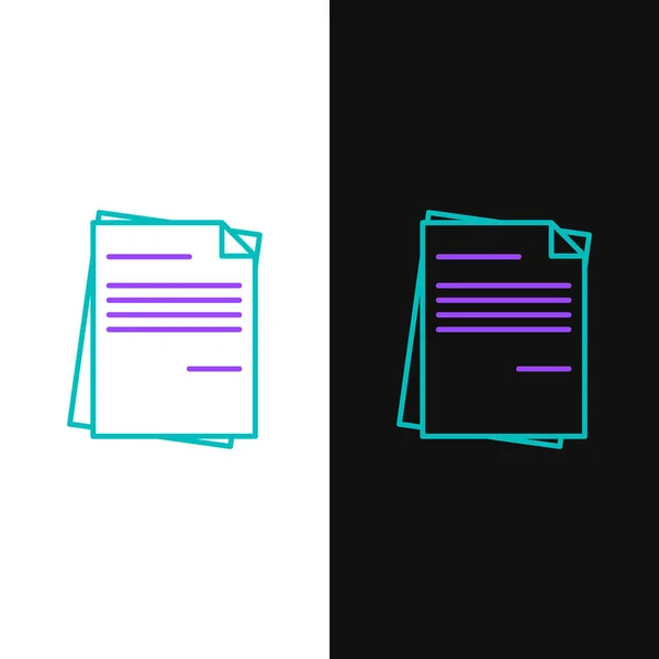 Zielona i fioletowa linia ikona dokumentu plik jest odizolowana na białym i czarnym tle. Ikona listy kontrolnej. Koncepcja biznesowa. Ilustracja wektorowa — Wektor stockowy