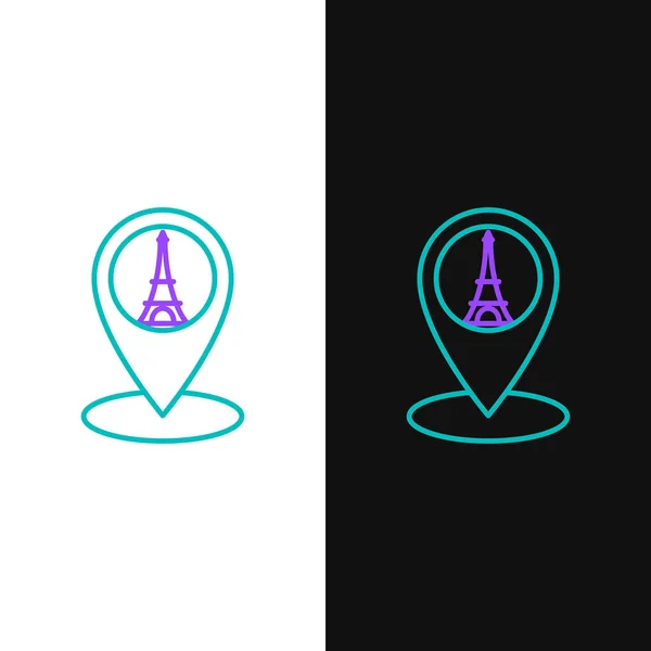 Linha verde e roxa Ponteiro do mapa com ícone da torre Eiffel isolado sobre fundo branco e preto. França Paris símbolo de referência. Ilustração vetorial — Vetor de Stock