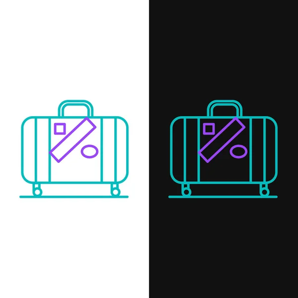 緑と紫の線旅行のためのスーツケースと白と黒の背景に隔離されたステッカーアイコン。旅行手荷物のサイン。旅行手荷物アイコン。ベクトルイラストレーション — ストックベクタ