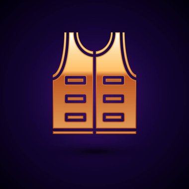 Altın Avcılık ceket simgesi koyu mavi arka plan izole. Av yeleği. Vektör İllüstrasyonu