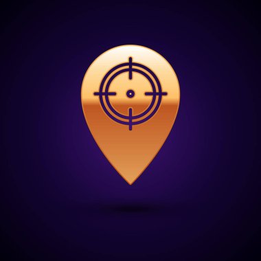 Altın Avı yer simgesi koyu mavi arka plan üzerinde izole. Navigasyon, işaretçi, yer, harita, gps, yön, yer, pusula, iletişim, arama. Vektör İllüstrasyonu