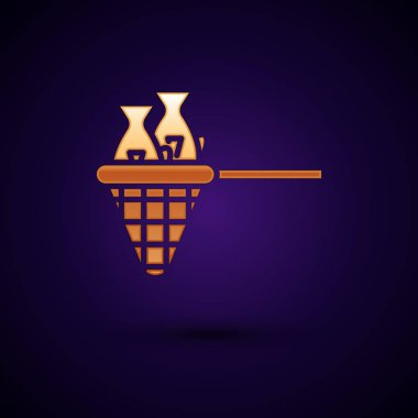 Koyu mavi arka plan üzerinde izole balık simgesi ile Altın Balıkçılık net. Vektör İllüstrasyonu