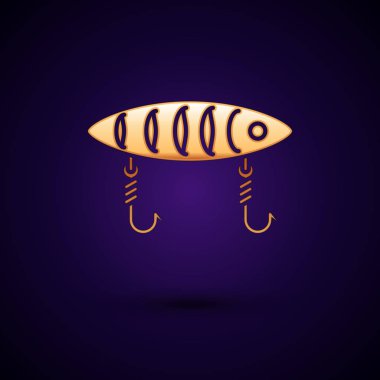 Altın Balıkçılık yem simgesi koyu mavi arka plan izole. Olta takımı. Vektör İllüstrasyonu